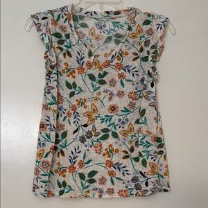 LOFT Orange and Blue Ruffled Cap Sleeve Blouse